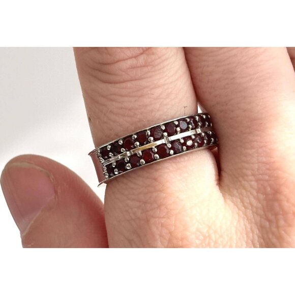 Cigar Band Row Set Dark Garnet 925 Sterling Silver Vintage Ring - sz 9 - Picture 1 of 14